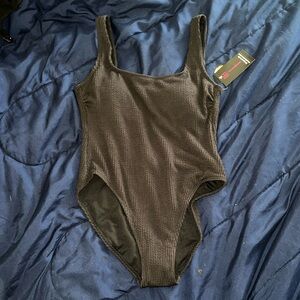 Womens juniors L (11-13) one piece black bathing suit-cheeky, high leg-NWT